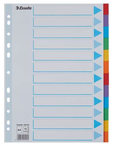 Esselte - Intercalaires 12 Positions - Multi-trous - 6 Couleurs - Carton - Format A4