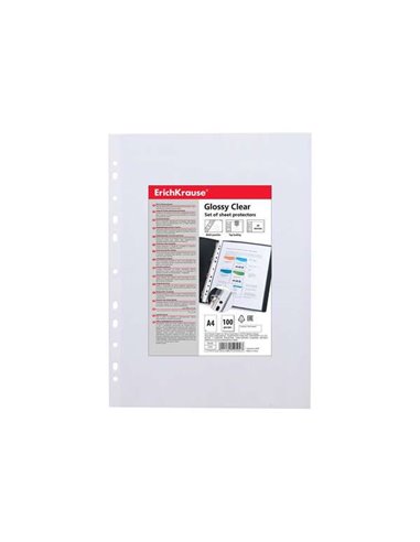 ErichKrause - Pack de 100 Pochettes de Protection Transparentes Brillantes - 60cm - A4 - Transparent