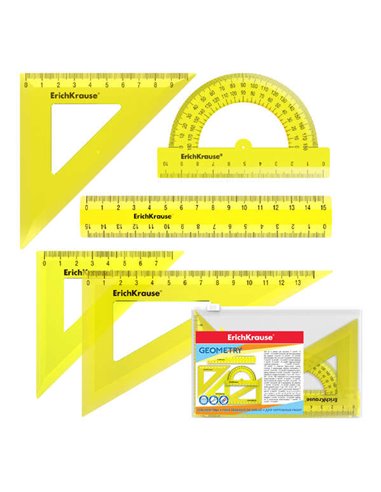 ErichKrause - Petit ensemble de géométrie - Règle de 15 cm - Carré 7 cm/45º, 9 cm/45º, 13 cm/60º - Rapporteur 180º/10 cm - Coule