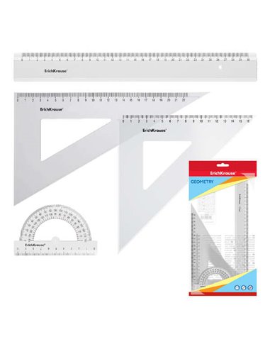 ErichKrause - Grand ensemble de géométrie - Règle de 30 cm - Carré 16 cm/45º - Carré 22 cm/60º - Rapporteur 180º/10 cm - Couleur