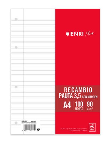 Enri - Recharge Plus Format A4 - Ligné 3,5 mm 4 Trous - 100 Feuilles 90gr avec Marge