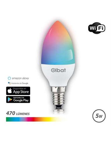 Elbat - Ampoule Bougie LED Smart Wi-Fi C37 E14 5W 470lm RGB - Température 2700K à 6000K - Commande Vocale - Télécommande - 3 Mod