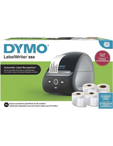 Dymo - Pack LabelWriter 550 d'imprimante d'étiquettes + 4 rouleaux d'étiquettes - Jusqu'à 62 étiquettes par minute - Reconnaissa