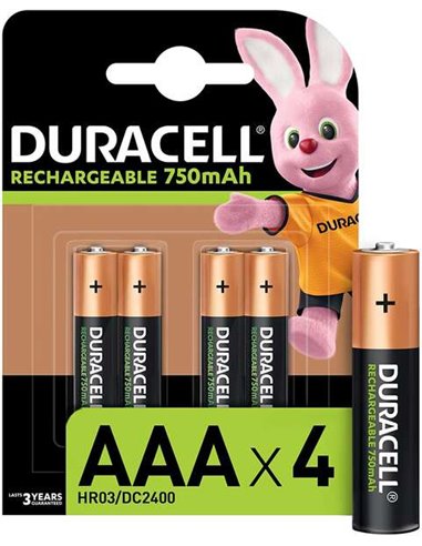 Duracell - Piles rechargeables NiHM AAA HR03 1,2 V 750 mAh - Préchargées - 4 unités