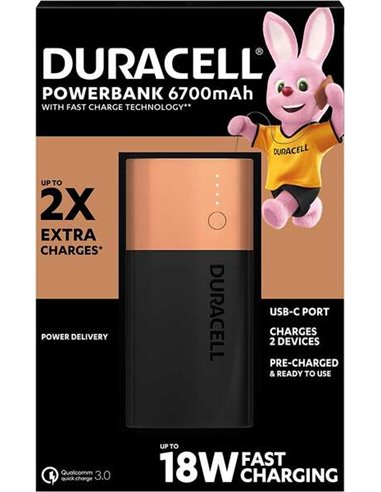 Duracell - Batterie Externe/Power Bank 6700mAh PD 18W et QC 3.0 - 1x USB-A, 1x USB-C - Indicateurs LED - 2 Appareils Simultanéme