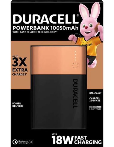 Duracell - Batterie Externe/Power Bank 10050mAh PD 18W et QC 3.0 - 1x USB-A, 1x USB-C - Indicateurs LED - 2 Appareils Simultaném