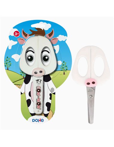 Dohe - Ciseaux d'école pour enfants - Acier inoxydable - Bouts arrondis - Couvre-lame - Motif vache