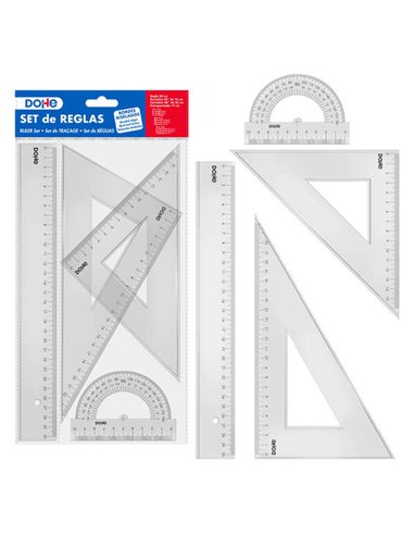 Dohe - Ensemble de règles - Règle, équerre, biseau et rapporteur - Plastique injecté de cristal transparent - Bords biseautés et