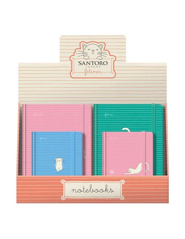 Dohe - Santoro Felines Présentoir de 12 Carnets Cartonnés - Formats A5 et A6 - 96 Feuilles Lisses sur Papier Baleiné 80 g/m2 - F