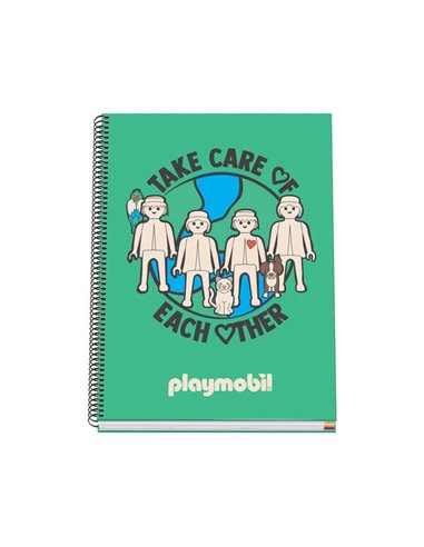 Dohe - Cahier à Spirale Playmobil avec 100 Feuilles Microperforées Grille A4 5mm - Couverture Rigide Carton Ligné - Bandes de Co