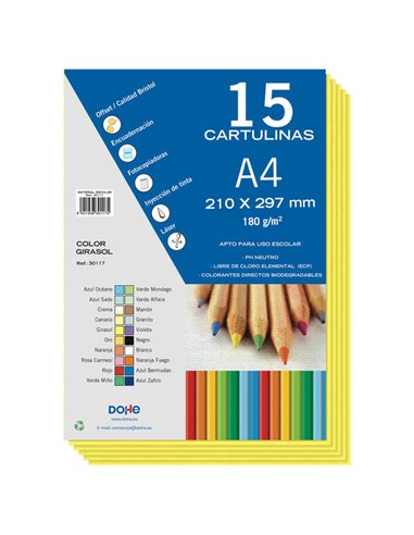 Dohe - Paquet de 15 Feuilles de Papier Cartonné A4 - 210x297mm - Grammage 180 G/M² - Couleurs Assorties