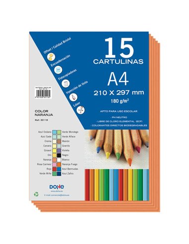 Dohe - Paquet de 15 Feuilles de Papier Cartonné A4 - 210x297mm - Grammage 180 G/M² - Couleurs Assorties