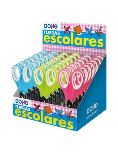 Dohe - Présentoir de 24 Ciseaux d'Ecole 125 mm - Lames en Acier Inoxydable - Pointes Arrondies - Manche Ergonomique en Plastique