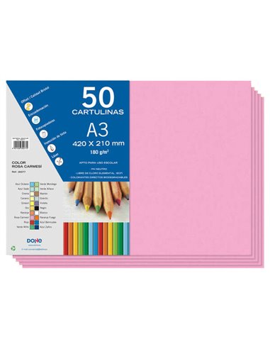 Dohe - Papier cartonné A3 - 50 feuilles - Poids 180 g - Idéal pour les travaux manuels - Couleur rose