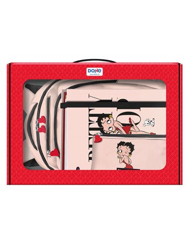 Dohe - Pack Sac à Dos Betty Boop avec 3 Grands Compartiments + Dossier de Recharge A4 + Trousse Triple - Le Tout dans une Mallet