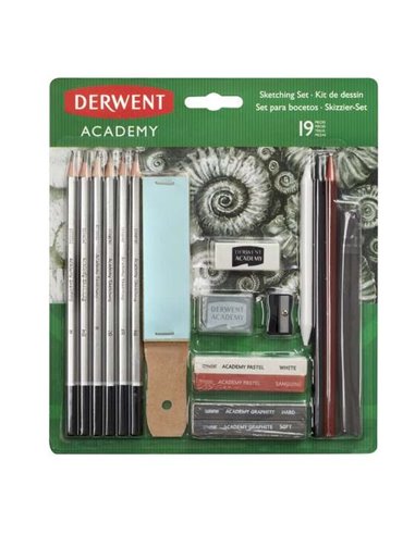 Derwent Academy Sketching Pack de 6 crayons graphite de duretés assorties, 2 blocs de graphite, 2 barres de dessin sans bois, 2 