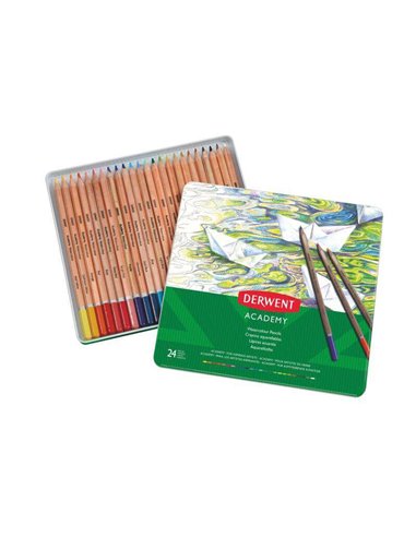 Derwent Academy Lot de 24 crayons aquarelle - Flexibilité de l'aquarelle - Corps en bois naturel - Facile à utiliser - Pigments 