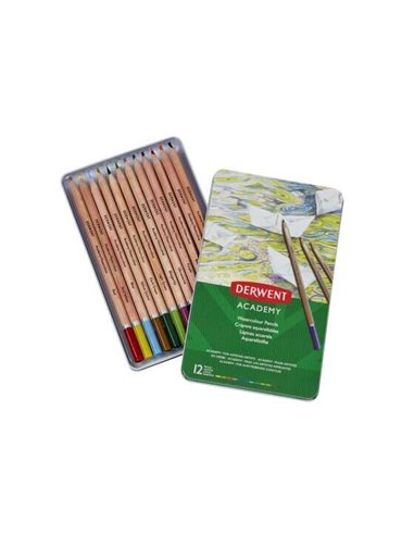 Derwent Academy Lot de 12 crayons aquarelle - Flexibilité de l'aquarelle - Corps en bois naturel - Facile à utiliser - Pigments 