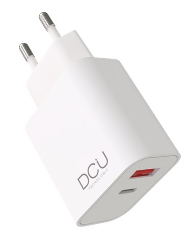 DCU Tecnologic - Chargeur USB Type C PD 20W + USB QC 3.0 18W - Charge Rapide - Puissant et Polyvalent - Couleur Blanc