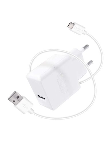 DCU Tecnologic - Chargeur USB 5V 2,4A + Câble USB Type C - 1m - Chargement Rapide et Sûr pour vos Appareils - Couleur Blanc