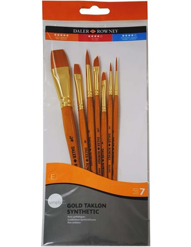 Daler Rowney - Simply Pack de 7 Pinceaux Synthétiques - Design Ergonomique - Taklon Gold - Couleur Orange