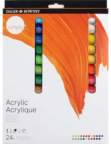 Daler Rowney - Simply Pack de 24 Peintures Acryliques 12 ml - Séchage Rapide - Couverture Optimale - Miscible - Couleurs Assorti