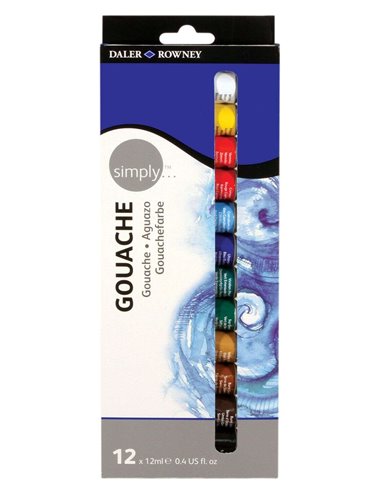 Daler Rowney - Simply Pack de 12 peintures acryliques gouache - Séchage rapide - À base d'eau - Couverture optimale - 12 ml - Co