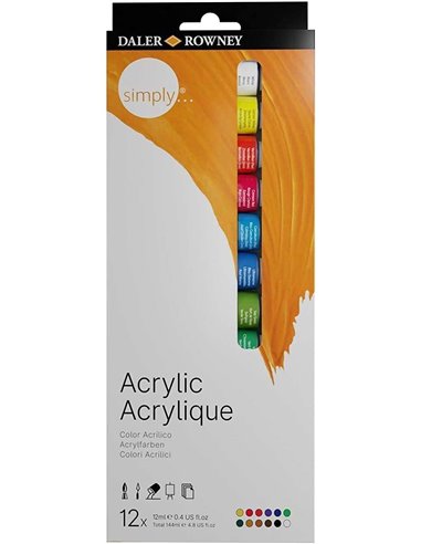 Daler Rowney - Simply Pack de 12 Peintures Acryliques 12 ml - Séchage Rapide - Couverture Optimale - Miscible - Couleurs Assorti