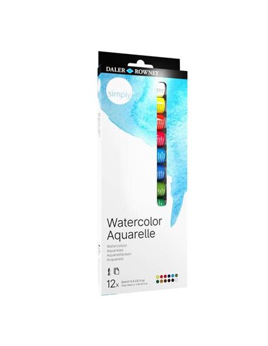 Daler Rowney - Simply Pack de 12 Aquarelles 12ml - Elles Mouillent Facilement - Couleurs Assorties