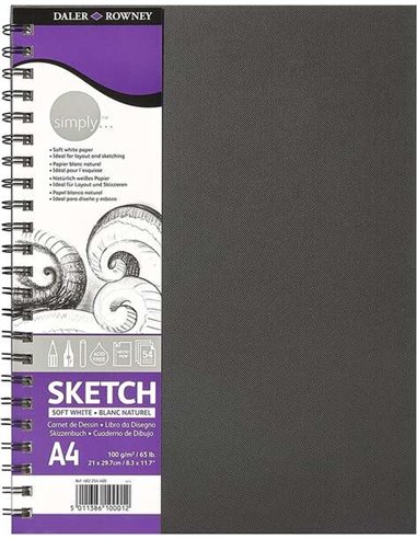 Daler Rowney - Carnet Simply Drawing A4 100g/m2 - Couverture rigide avec reliure spirale - Blanc