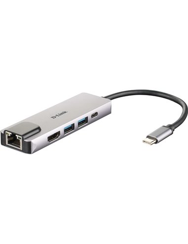 D-Link - Hub USB?C 5 en 1 2 Ports USB 3.0 + 1 HDMI + 1 RJ45 - Plug & Play