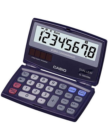 Casio - Calculatrice de poche à clapet SL-100VERA - Écran LCD extra large à 8 chiffres - Fonction convertisseur euro - Couleur b