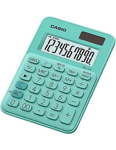 Casio - Calculatrice de bureau MS-7UC - Double touche zéro - Écran LCD à 10 chiffres - Solaire et batterie - Couleur verte