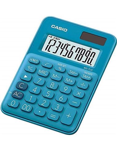 Casio - Calculatrice de bureau MS-7UC - Double touche zéro - Écran LCD à 10 chiffres - Solaire et batterie - Couleur bleue