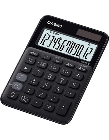 Casio - Petite calculatrice de bureau MS-20UC - Écran LCD à 12 chiffres - Alimenté par énergie solaire et batterie - Couleur noi