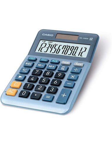 Casio - Petite calculatrice de bureau MS-120EM - Écran LCD à 12 chiffres - Alimenté par l'énergie solaire et par batterie - Coul