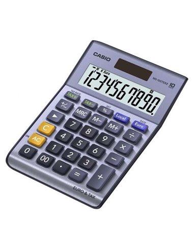 Casio - Calculatrice de bureau MS-100TERII - Écran LCD à 10 chiffres - Alimenté par énergie solaire et batterie - Couleur bleue