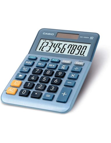 Casio - Petite calculatrice de bureau MS-100EM - Écran LCD à 10 chiffres - Alimenté par l'énergie solaire et par batterie - Coul