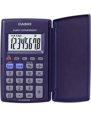 Casio - Calculatrice HL820VER à Flip - Fonction Convertisseur Euro - Écran LCD 8 Chiffres - Couleur Bleu