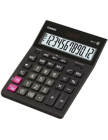 Casio - Calculatrice de bureau GR-12C - Écran LCD à 12 chiffres - Alimenté par énergie solaire et batterie - Couleur noire