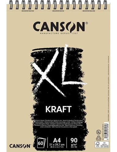 Canson - Bloc à dessin XL Kraft ligné avec 60 feuilles A4 - Spirale microperforée - 21x29,7cm - 90g - Coloris Beige