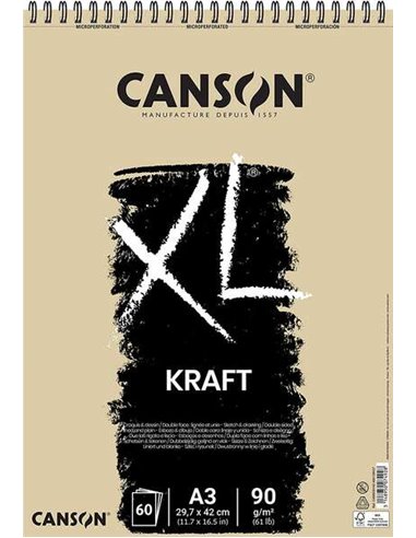 Canson - Bloc à dessin XL Kraft ligné avec 60 feuilles A3 - Spirale microperforée - 29,7x42cm - 90g - Coloris Beige