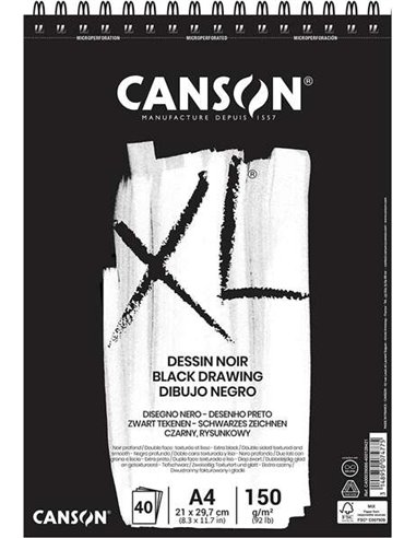 Canson - Bloc XL Noir de 40 Feuilles A4 150g - Grain Fin - Spirale Microperforée - Coloris Noir