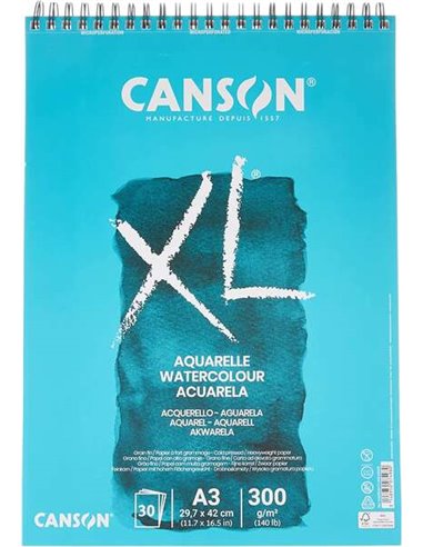 Canson - Album XL Aquarelle à Spirale Microperforée de 30 Feuilles A3 - Grain Fin - 29,7x42cm - 300g - Coloris Blanc