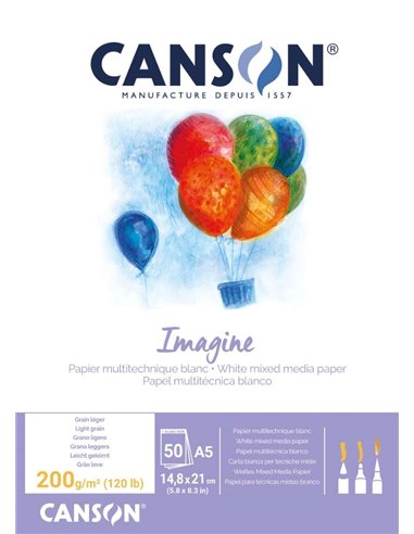 Canson - Bloc Collé Imagine de 50 Feuilles A5 - Grain Fin - 14,8x21cm - 200g - Coloris Blanc