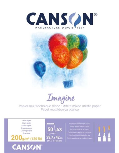 Canson - Bloc Collé Imagine de 50 Feuilles A3 - Grain Fin - 29,7x42cm - 200g - Coloris Blanc