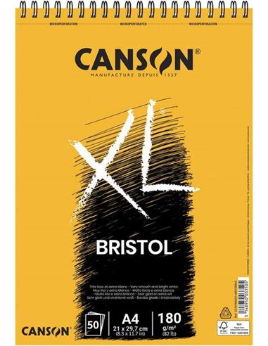 Canson - Bloc XL Bristol Extra Lisse A4 de 50 Feuilles 180gr - Finition Satinée - Très Résistant - Coloris Blanc