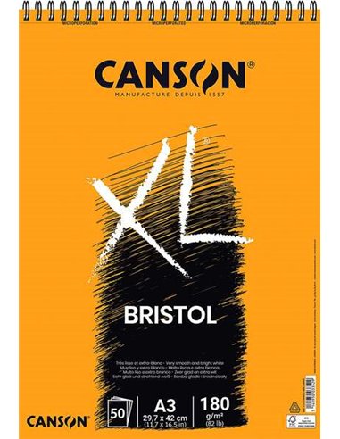 Canson - Bloc XL Bristol Extra Lisse A3 de 50 Feuilles 180gr - Finition Satinée - Très Résistant - Coloris Blanc