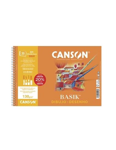 Canson - Bloc à Dessin Spirale Basik 20 Feuilles A4+ 130g - Sans Cadre - Dimensions 23x32,5cm - Couleur Blanc