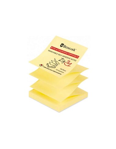 Bismark - Pack de 100 Notes Autocollantes Zig-Zag 76x76mm - Convient aux Distributeurs - Couleur Jaune